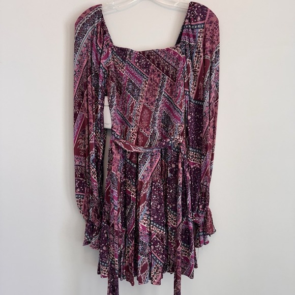 Aura Dresses & Skirts - NWT Aura Shop Red Dress XS Purple Boho Patchwork Smocked Long Sleeve Mini Dress
